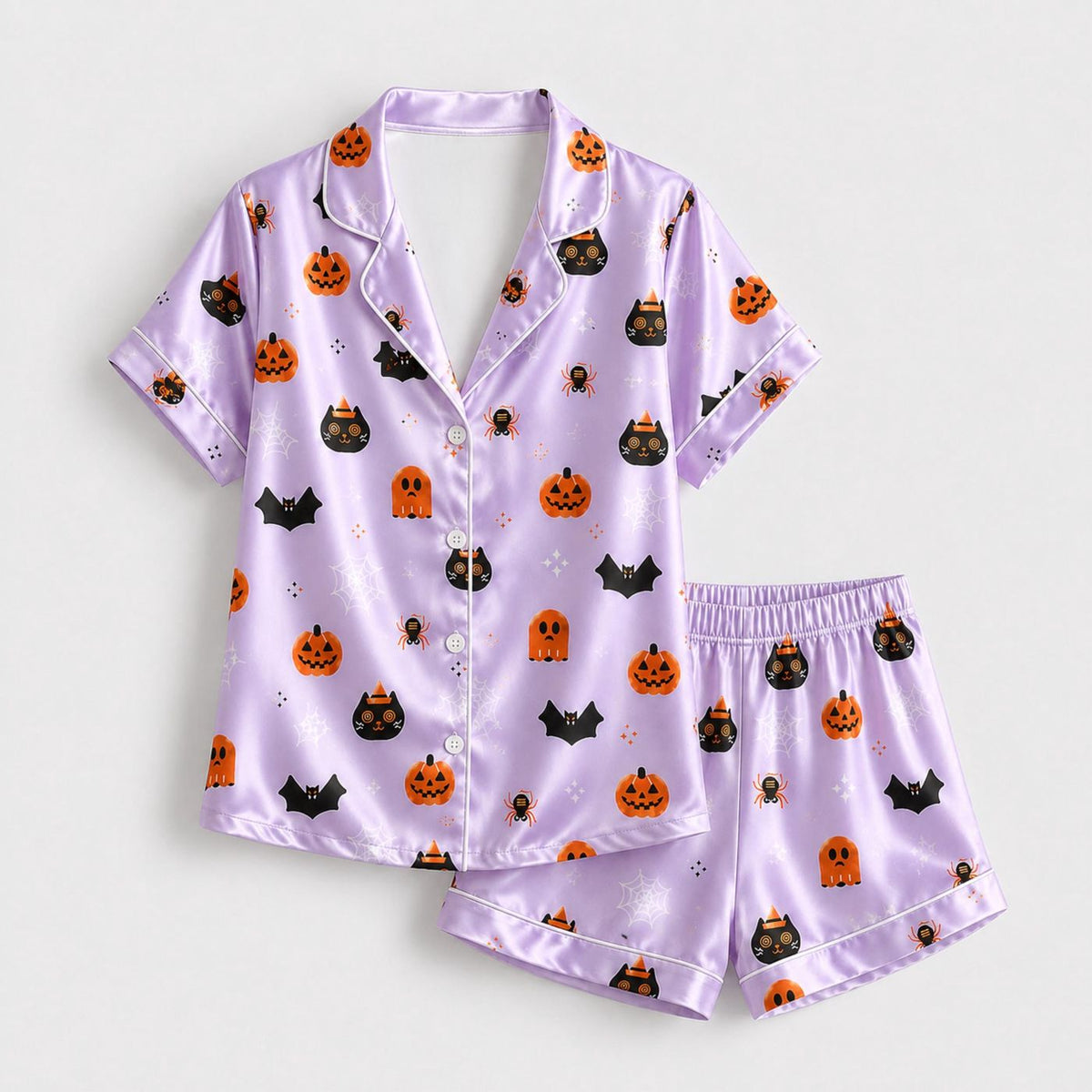 Enchanted October Satin Pajama Set - Cute Halloween Print Sleepwear & Fall Loungewear Gift
