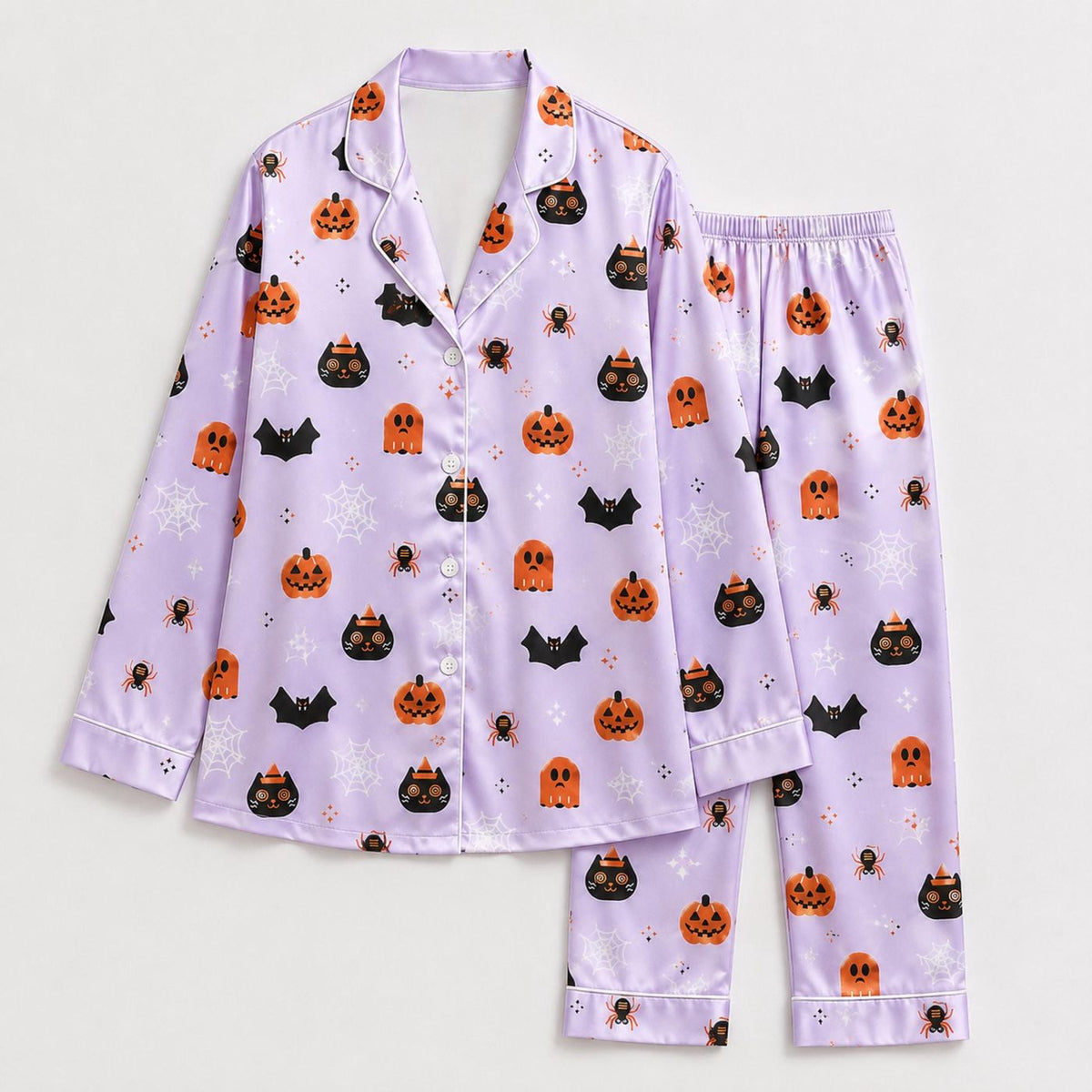 Enchanted October Satin Pajama Set - Cute Halloween Print Sleepwear & Fall Loungewear Gift