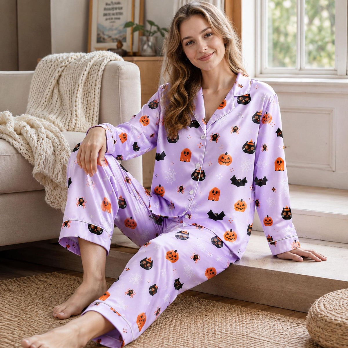 Enchanted October Satin Pajama Set - Cute Halloween Print Sleepwear & Fall Loungewear Gift