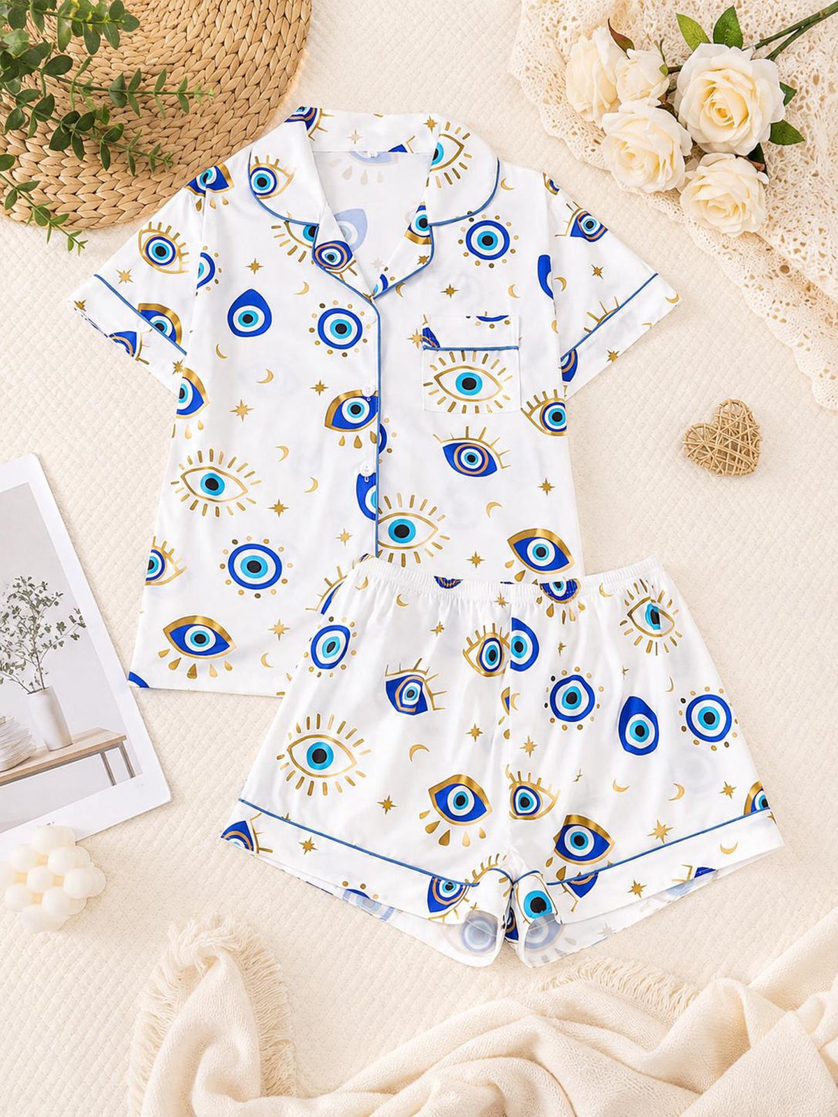Boho Blue Evil Eye Pajama Set for Women - Short & Long Sleeve Sleepwear