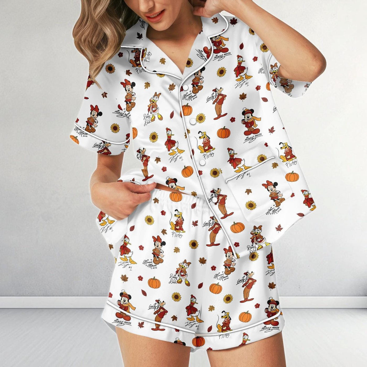 Fall Disney Satin Pajamas Mickey Minnie Pumpkin Thanksgiving Sleepwear Loungewear Gift