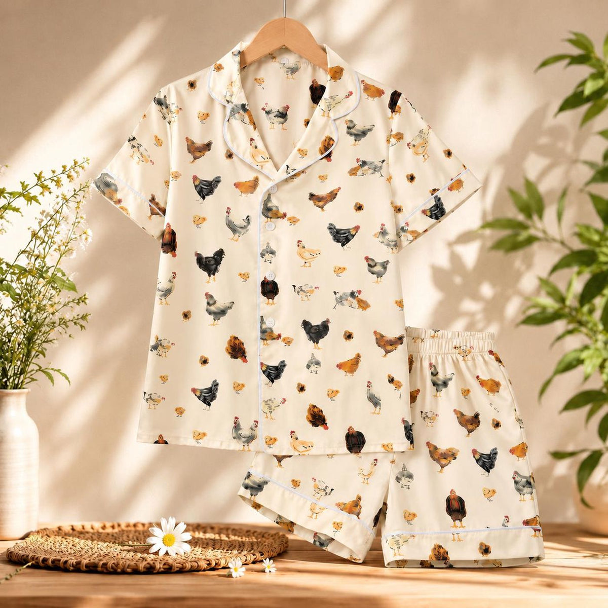 Women s Farm Animal Pajama Set: Satin Chicken Print Sleepwear Country Style Nightwear Gift