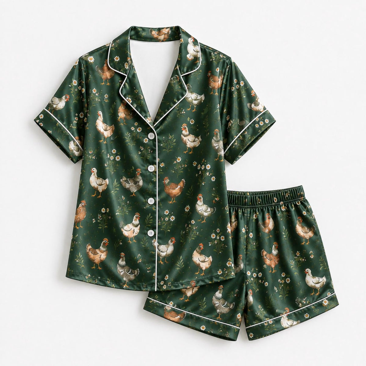 Cozy Farm Chicken Satin Pajama Set with Rustic Hen Pattern - Sleepwear for Women