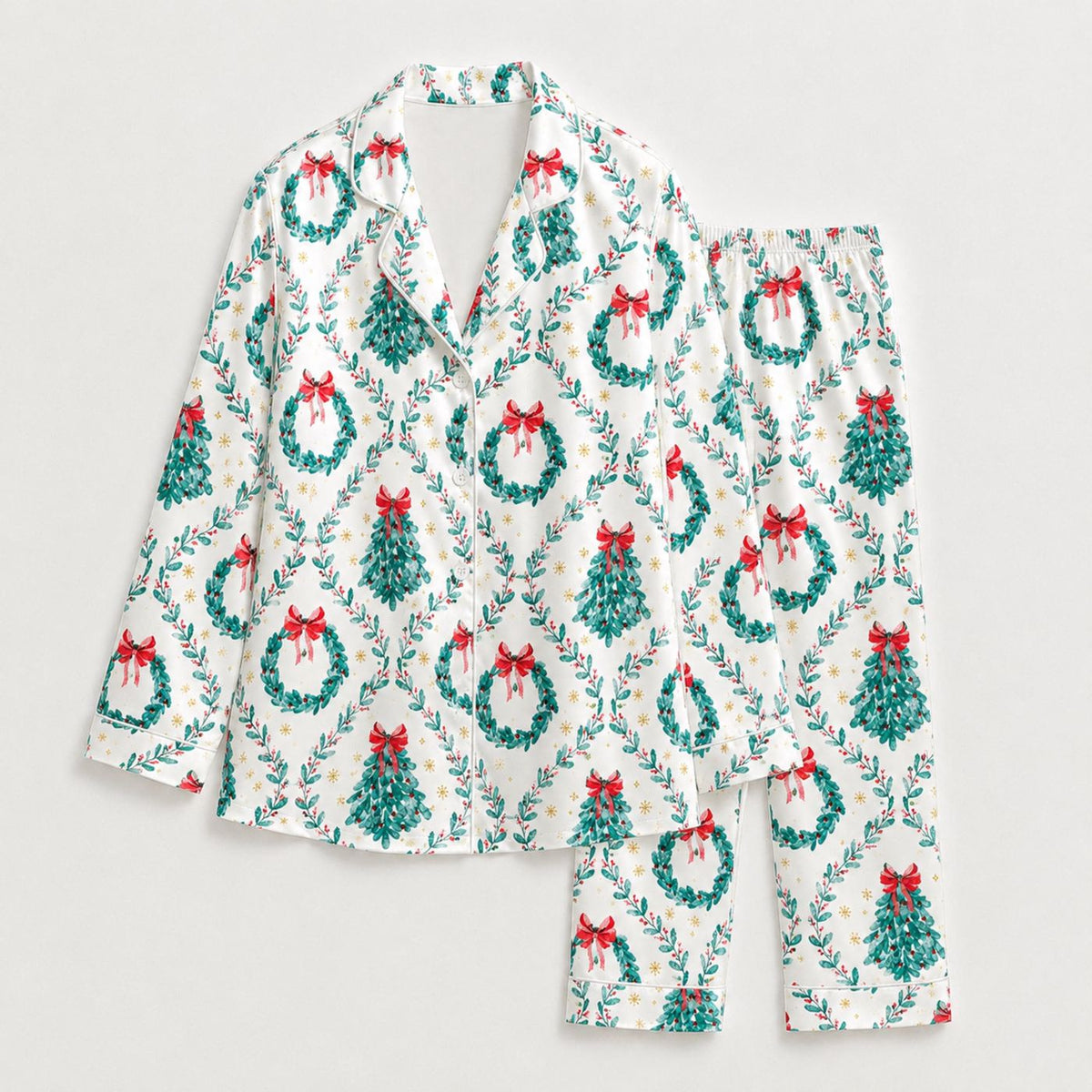 Festive Christmas Satin Pajama Set with Holly Berries and Evergreen Foliage