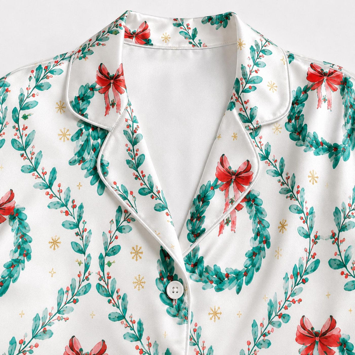 Festive Christmas Satin Pajama Set with Holly Berries and Evergreen Foliage