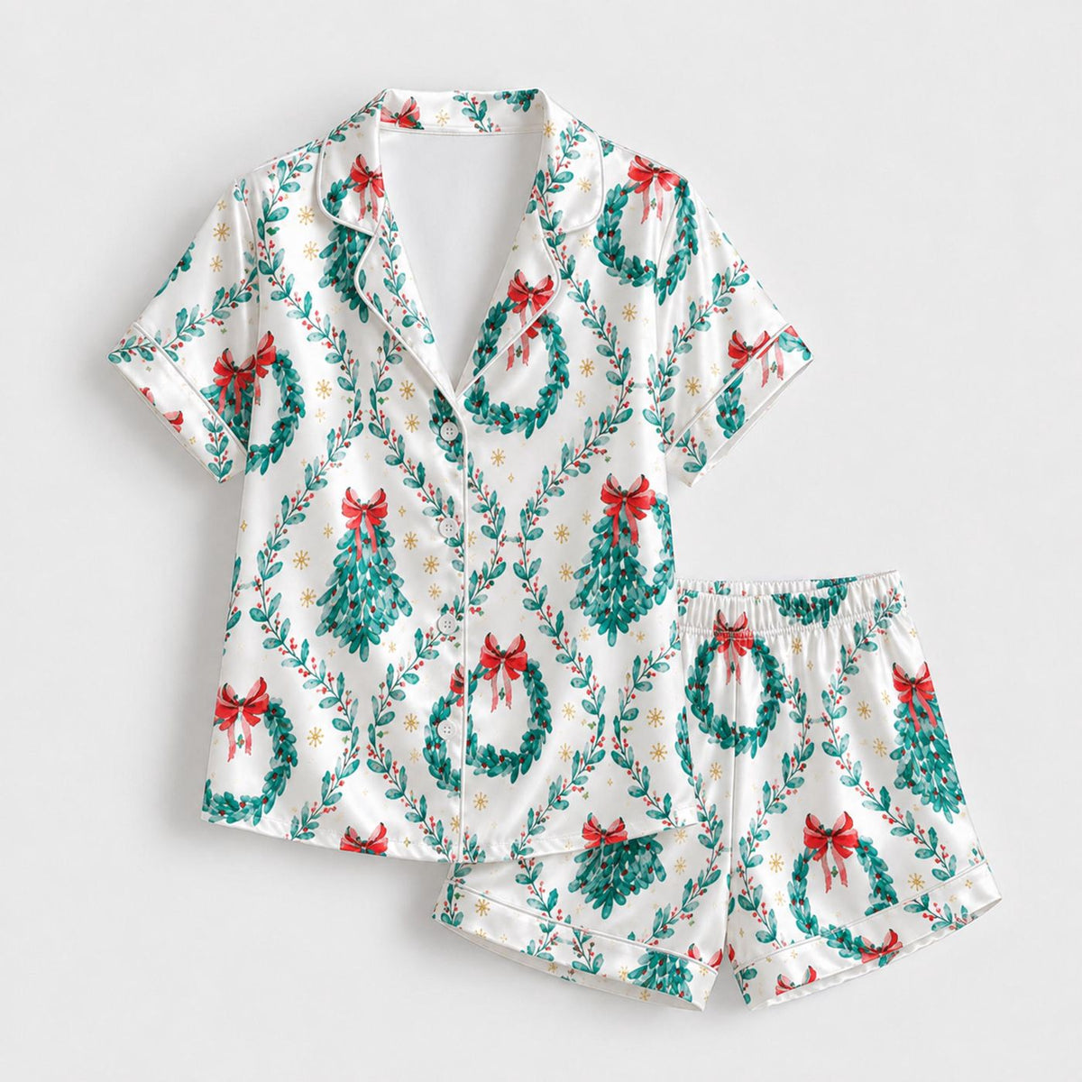 Festive Christmas Satin Pajama Set with Holly Berries and Evergreen Foliage