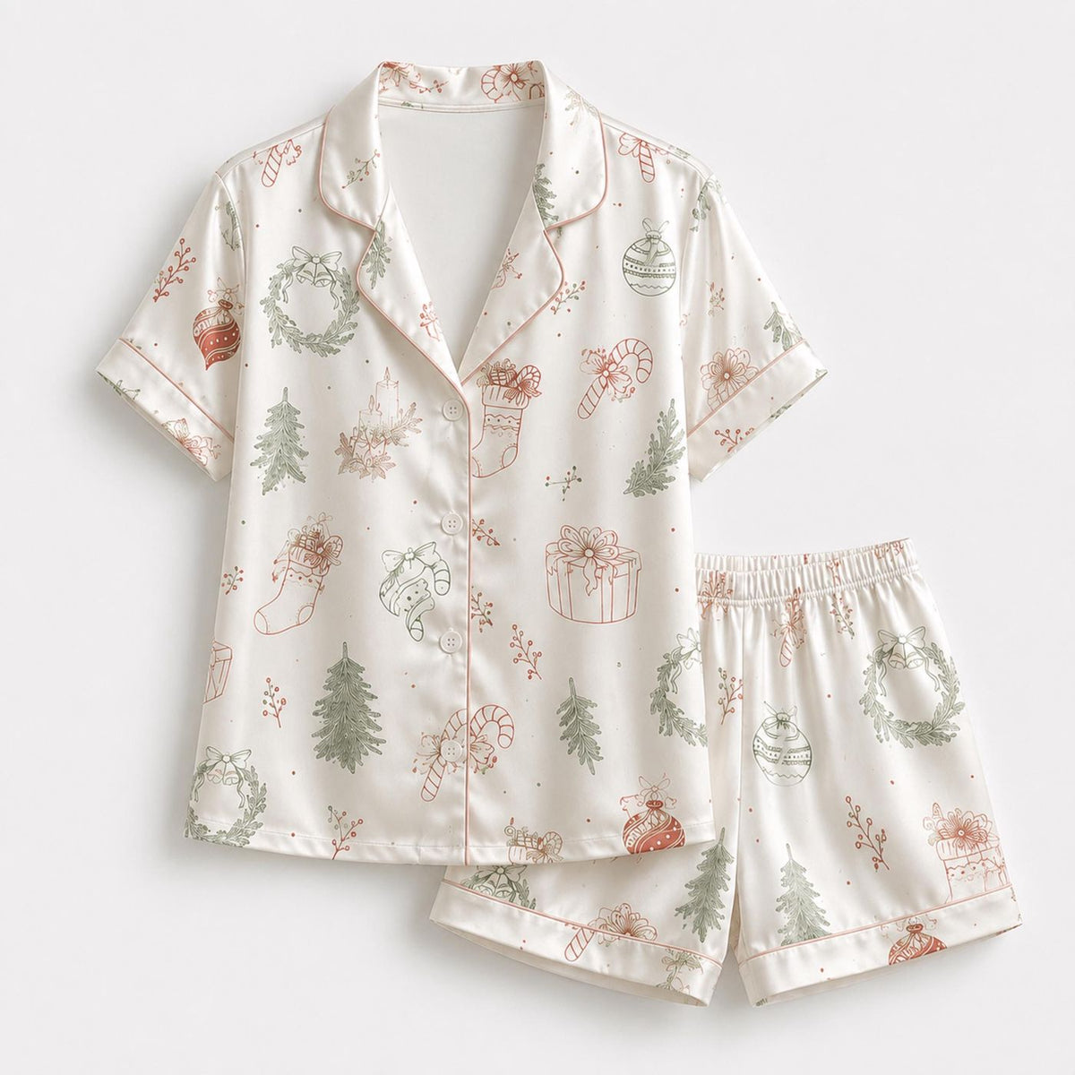 Festive Christmas Satin Pajamas: Colorful Holiday Print Sleepwear Set for Comfortable Winter Lounge Outfit