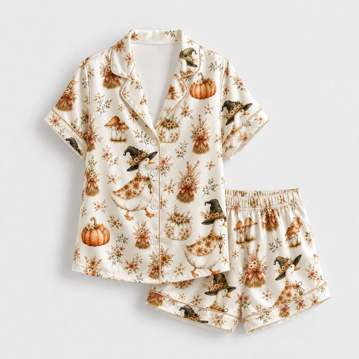 Festive Duck Halloween Print Sleepwear: Ultra-Soft Sustainable Material with Cute Spooky Icons & Fall Colors