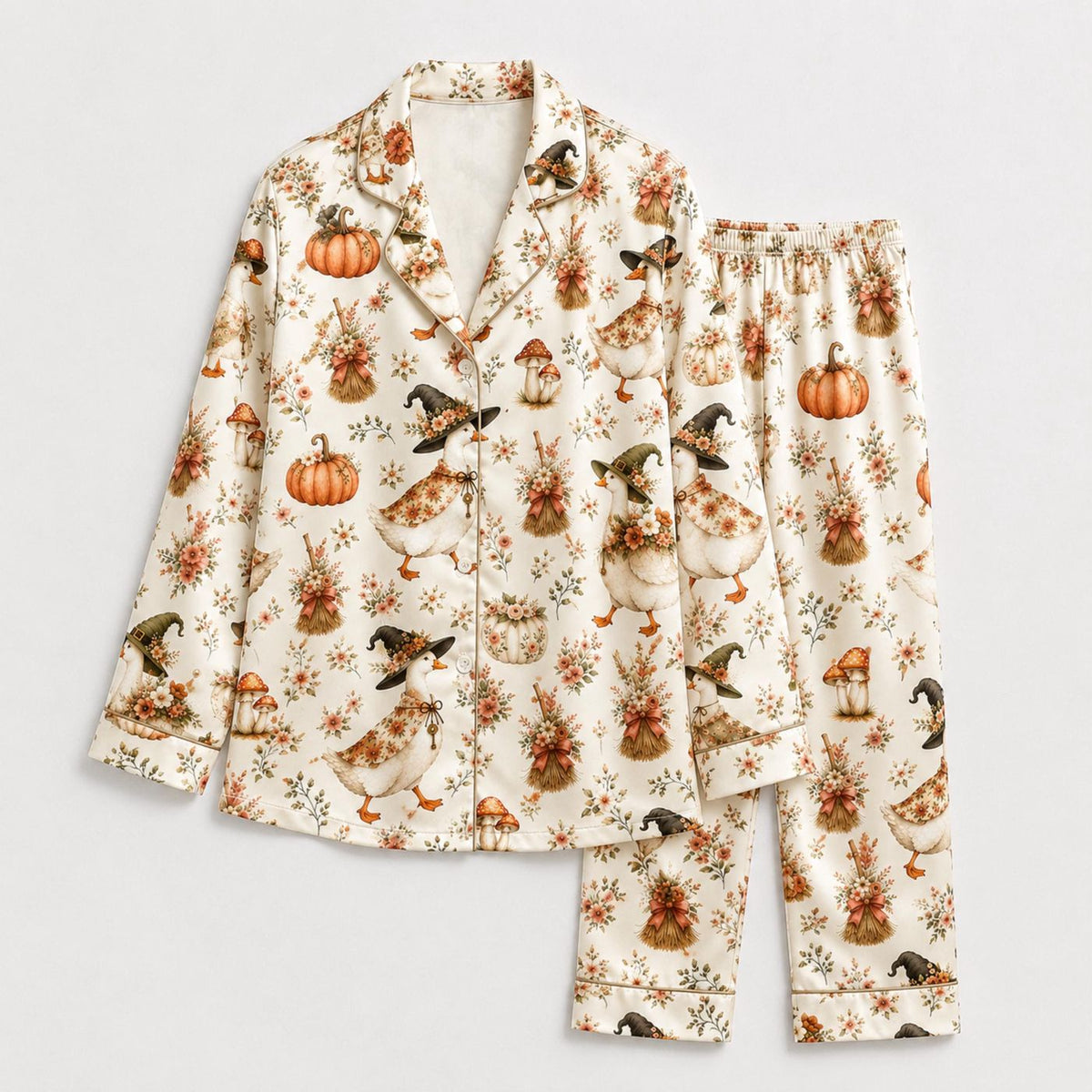 Festive Duck Halloween Print Sleepwear: Ultra-Soft Sustainable Material with Cute Spooky Icons & Fall Colors