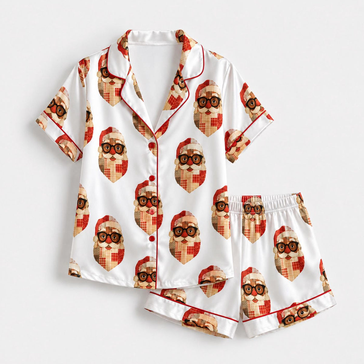 Cozy Christmas Sleepwear: Festive Santa Satin Pajama Set with Plaid Holiday Pattern