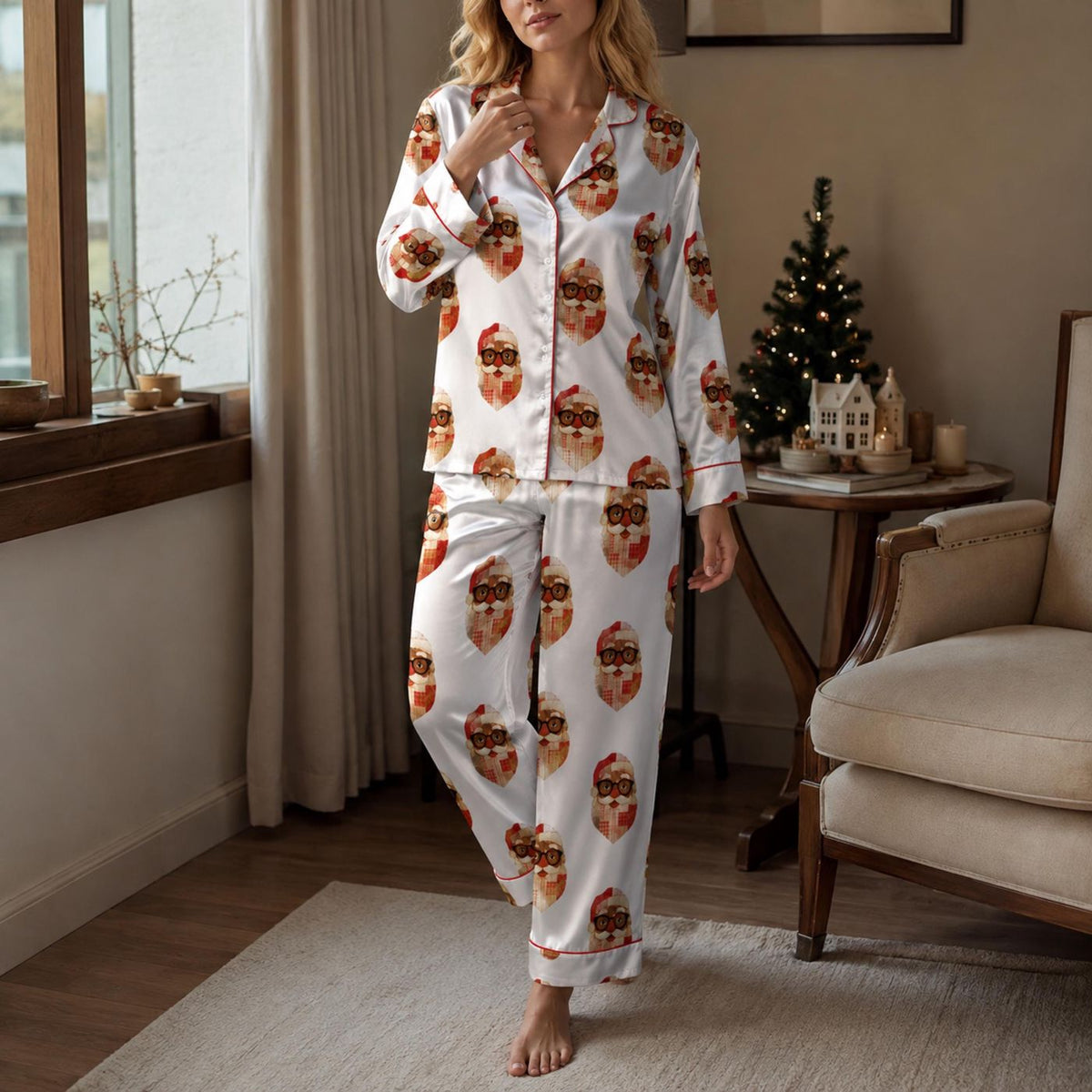 Cozy Christmas Sleepwear: Festive Santa Satin Pajama Set with Plaid Holiday Pattern