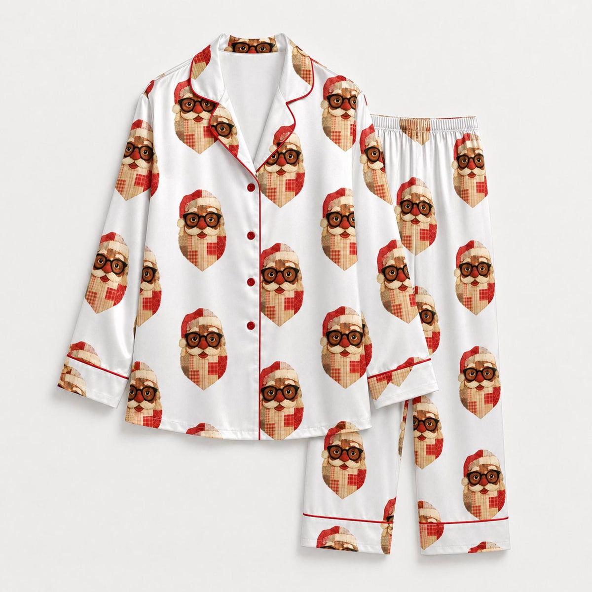 Cozy Christmas Sleepwear: Festive Santa Satin Pajama Set with Plaid Holiday Pattern