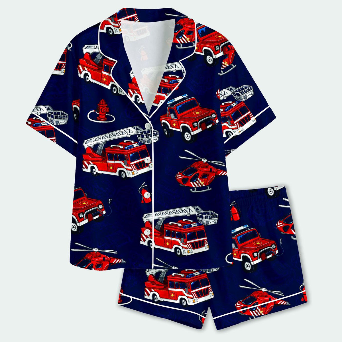 Firefighter Satin Pajama Set with Red Fire Trucks and Rescue Vehicles - Playful Emergency Service Pattern