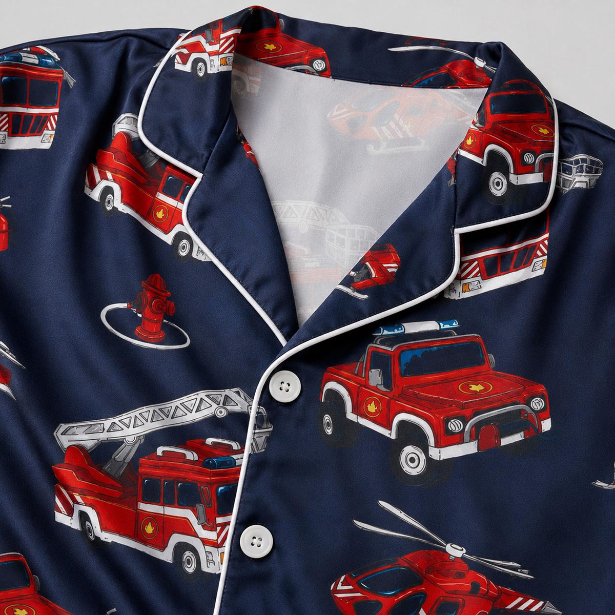 Firefighter Satin Pajama Set with Red Fire Trucks and Rescue Vehicles - Playful Emergency Service Pattern