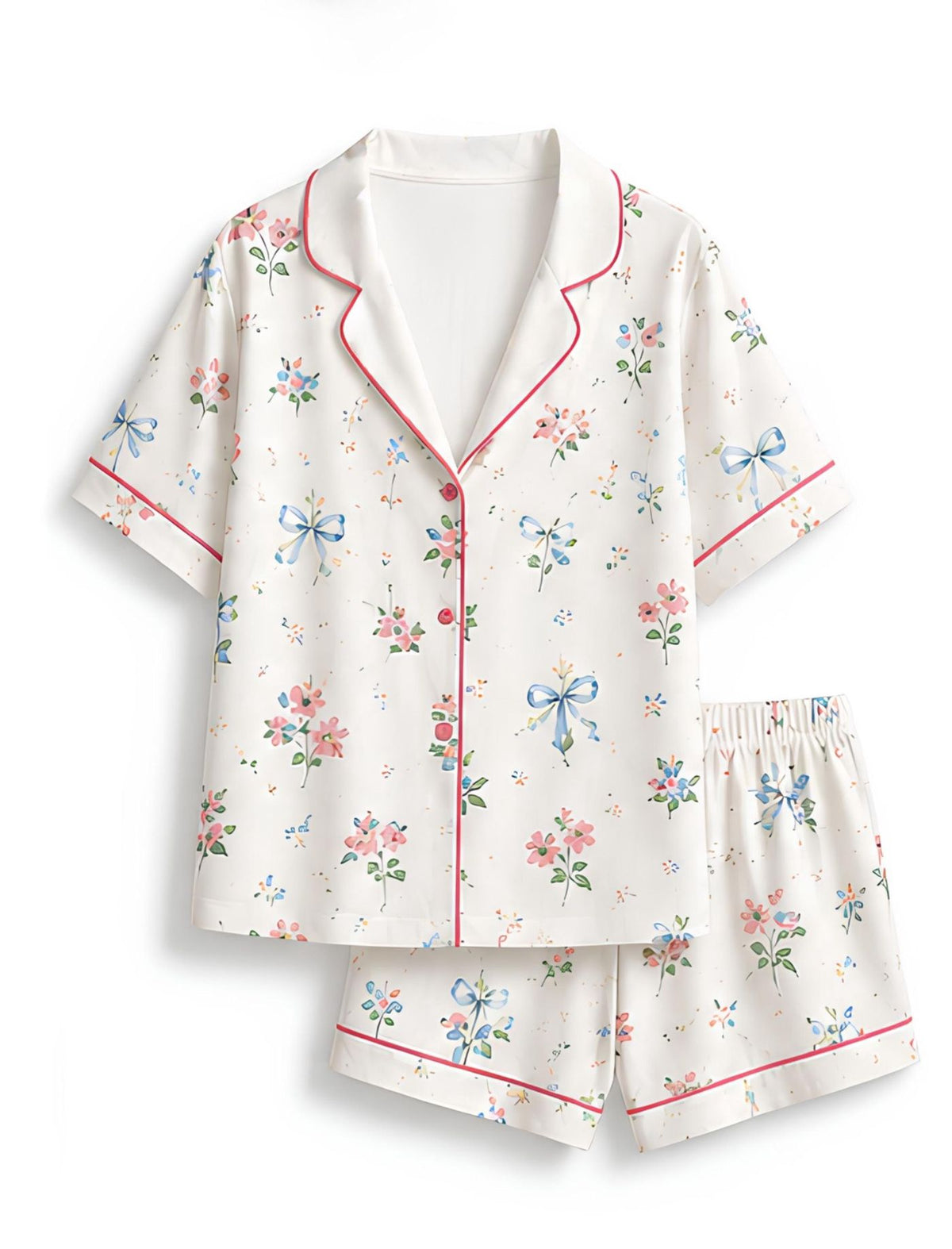 Floral Bow Pajamas Set Women Coquette Sleepwear Ribbon Print Feminine