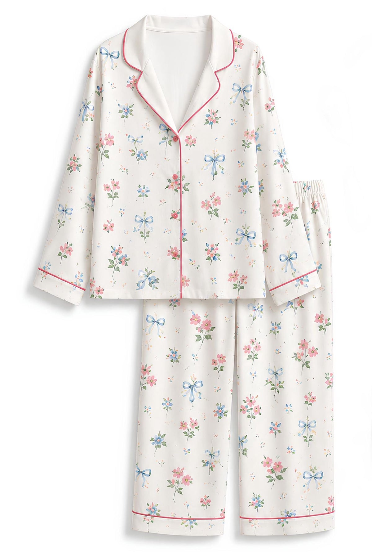 Floral Bow Pajamas Set Women Coquette Sleepwear Ribbon Print Feminine