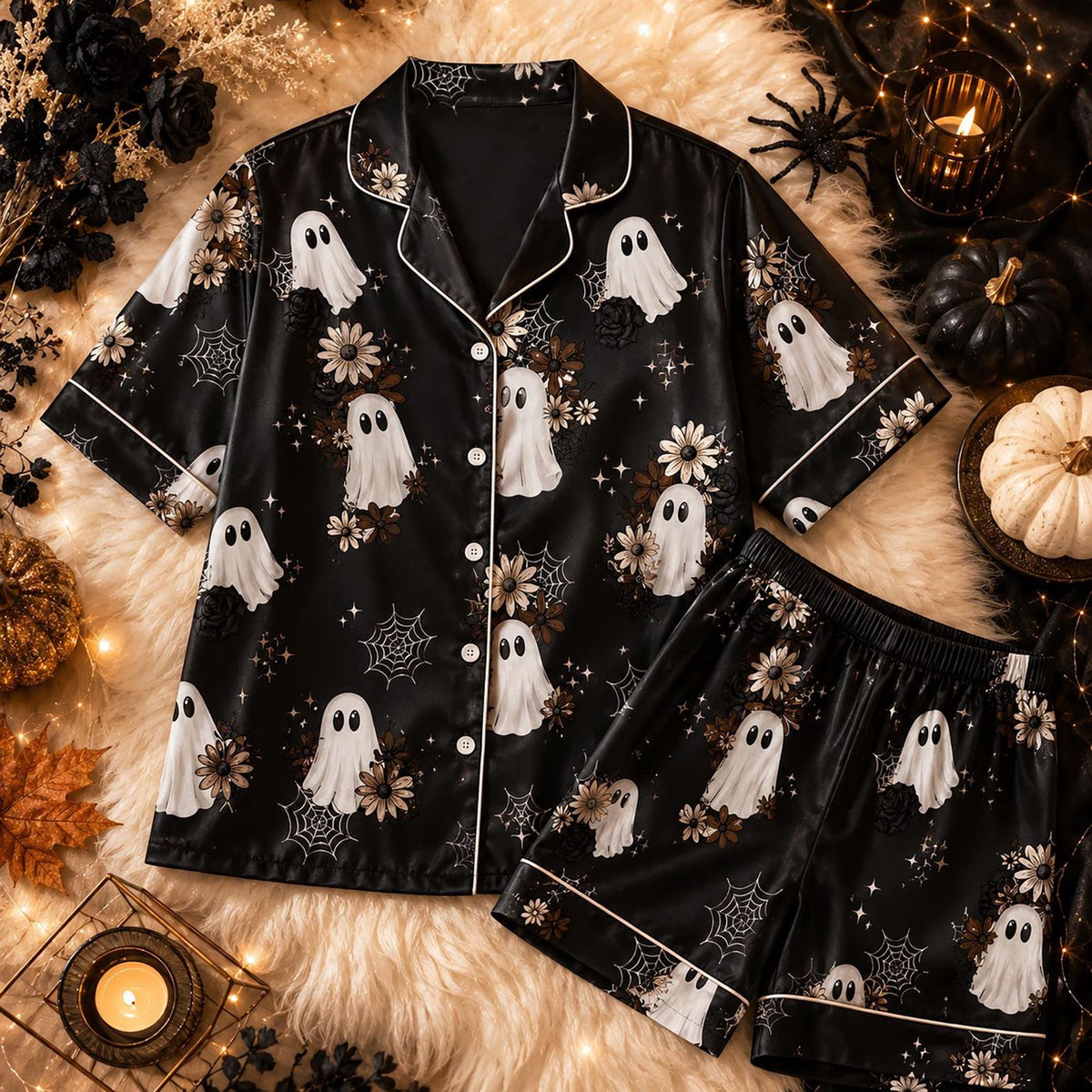 Floral Ghost Halloween Pajamas Set: Spooky Satin PJ Gift for Her