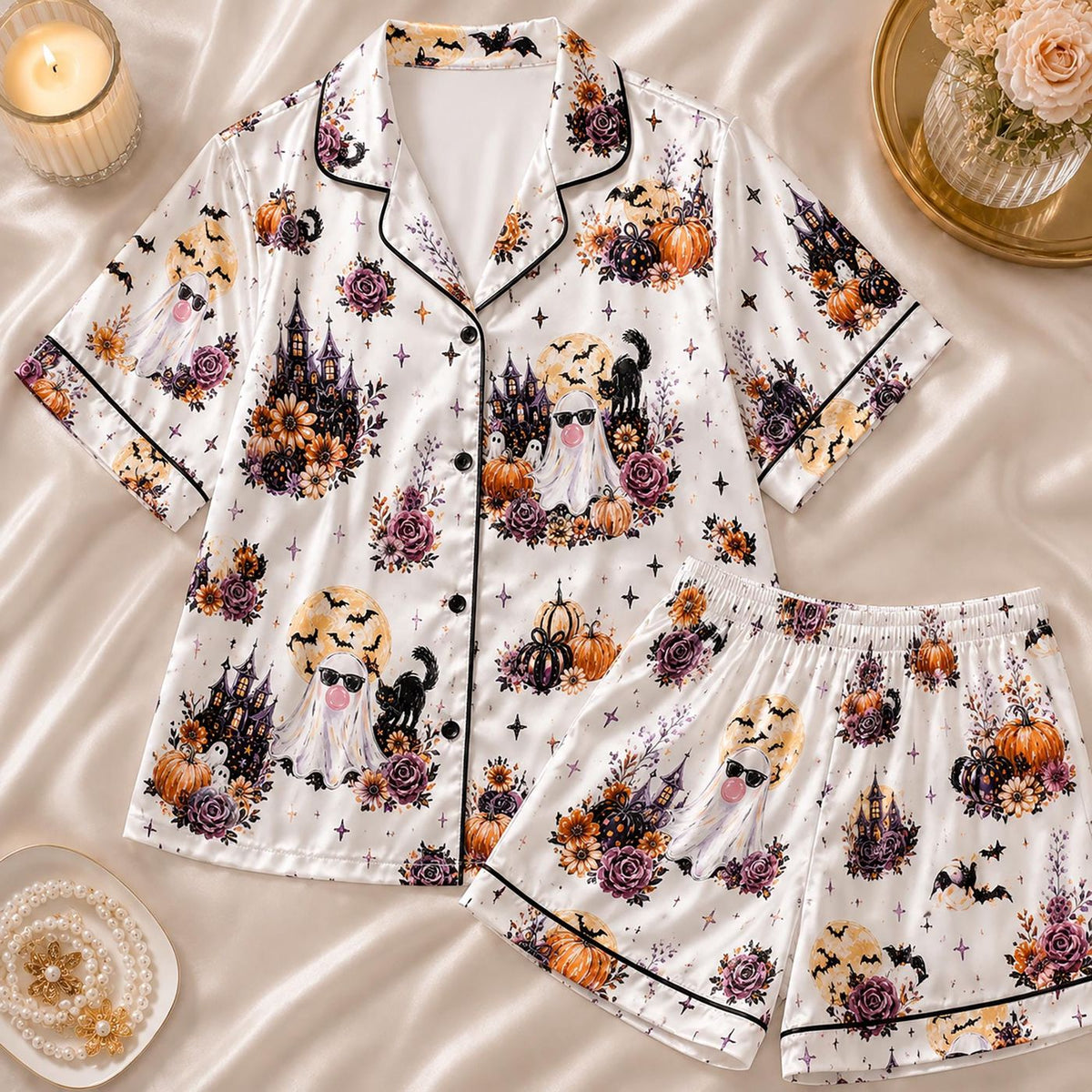 Floral Ghost Halloween Pajamas Set: Spooky Satin PJ with Black Cat - Gift for Her