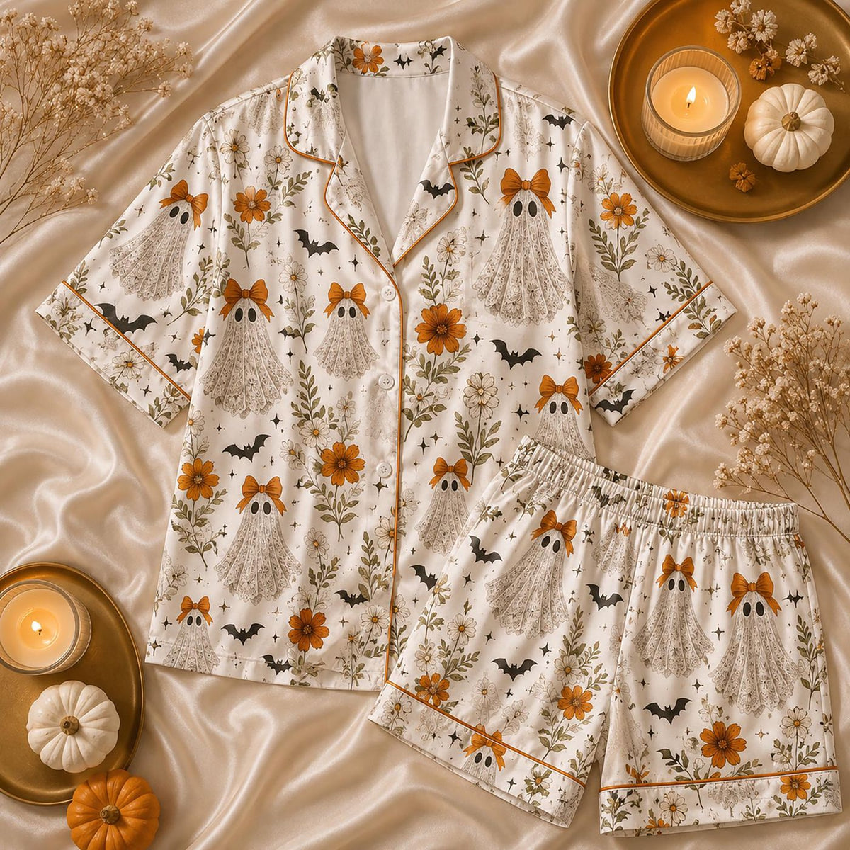 Floral Ghost Halloween Women Pajamas - Botanical Satin PJ Set for Her