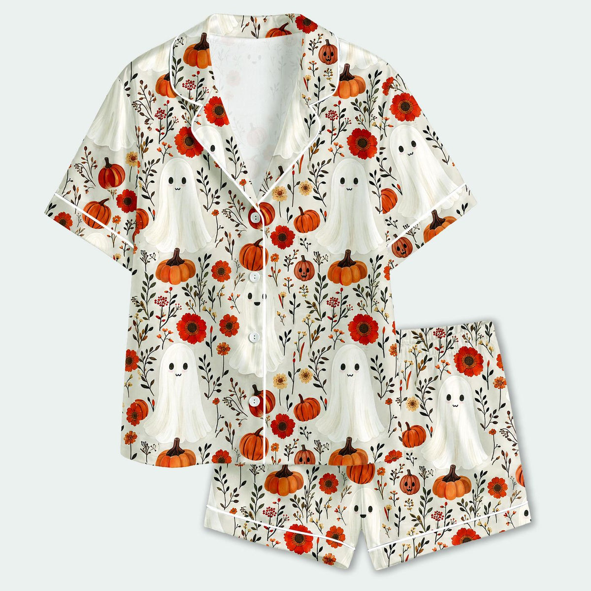 Floral Ghost Satin Pajama Set with Pumpkin Cottagecore Halloween Sleepwear