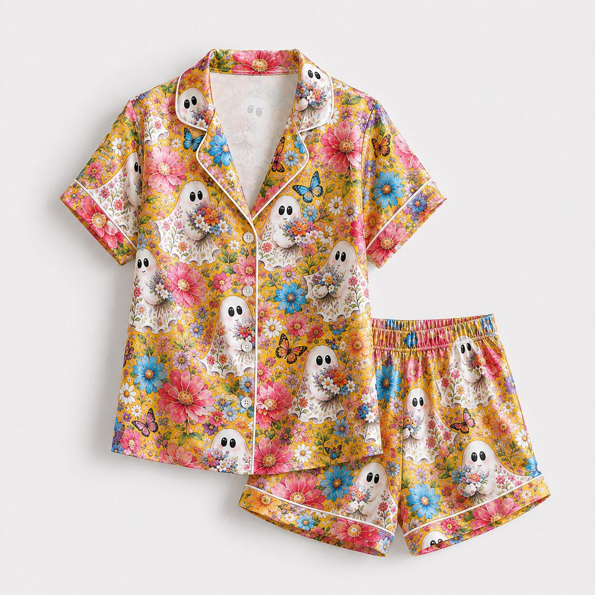 Floral Ghost Satin Pajama Set: Vibrant Botanical Garden Pattern for Cozy Sleepwear