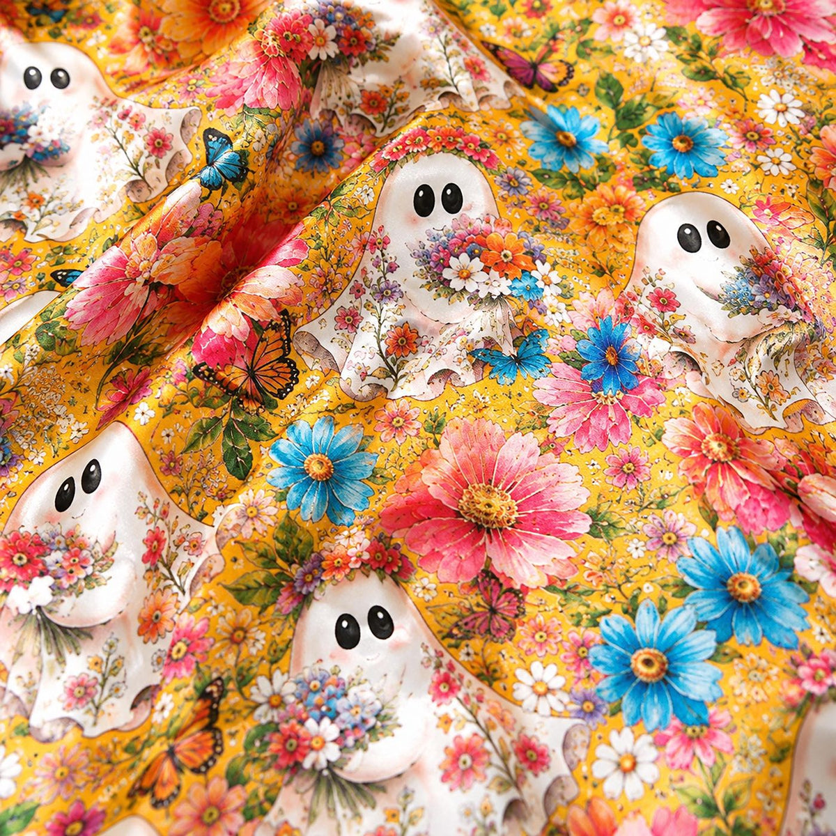 Floral Ghost Satin Pajama Set: Vibrant Botanical Garden Pattern for Cozy Sleepwear