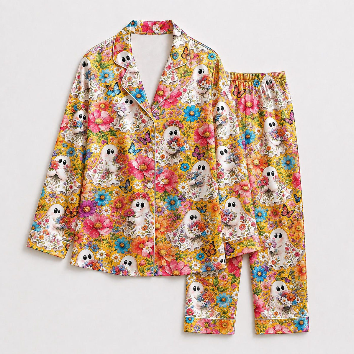 Floral Ghost Satin Pajama Set: Vibrant Botanical Garden Pattern for Cozy Sleepwear