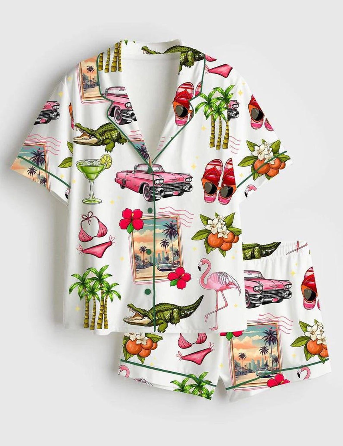 Florida Pink Flamingo Pajama Set Women Miami Beach Vacation Sleepwear
