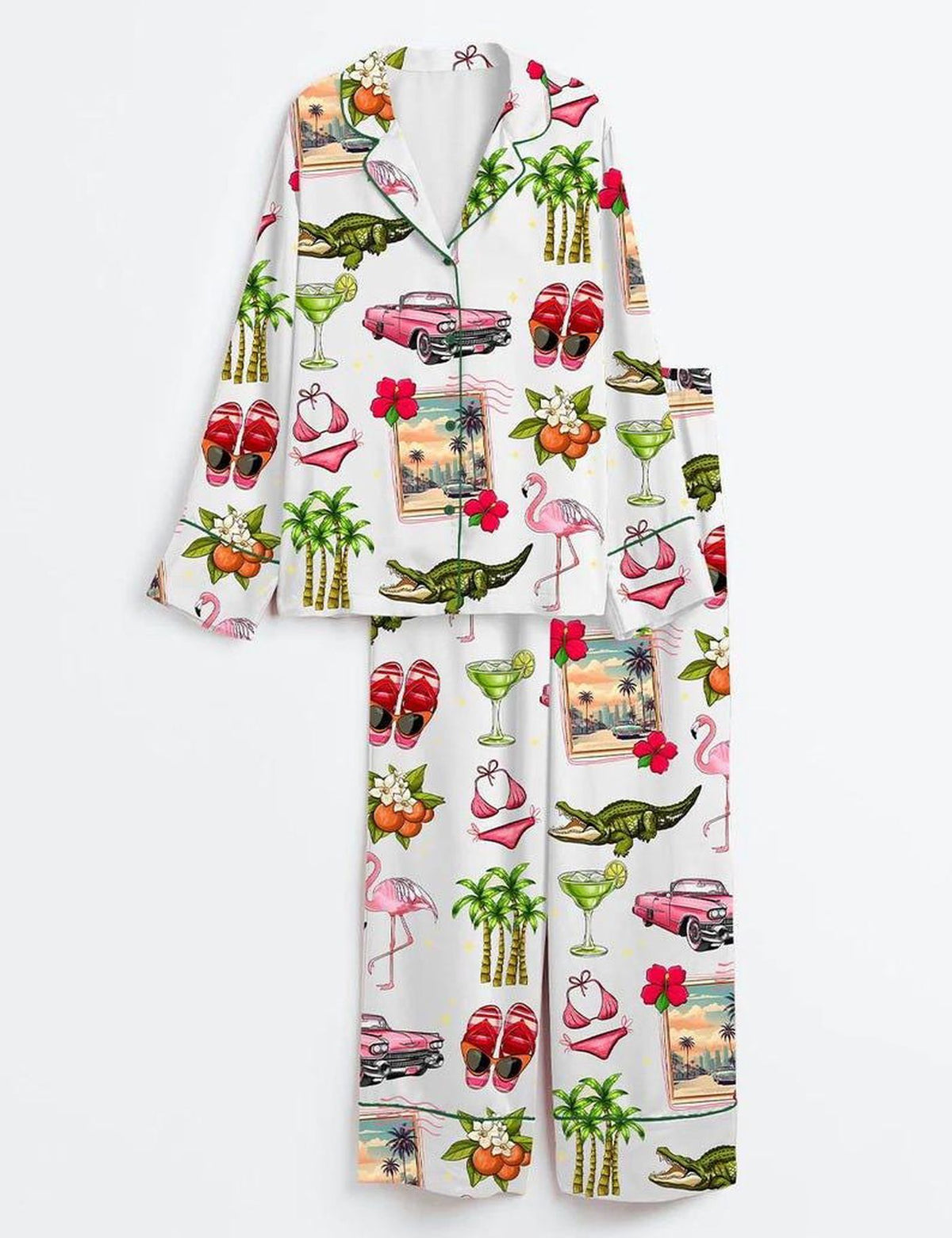 Florida Pink Flamingo Pajama Set Women Miami Beach Vacation Sleepwear