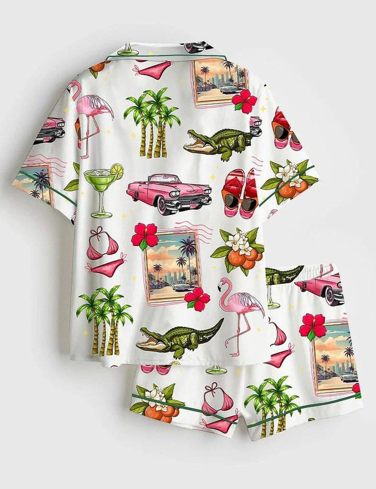 Florida Pink Flamingo Pajama Set Women Miami Beach Vacation Sleepwear