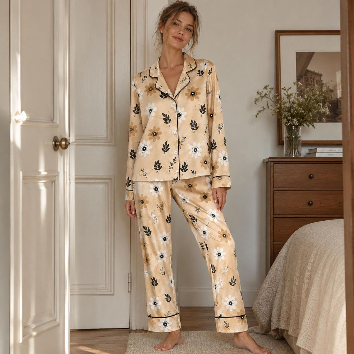 Daisy Print Floral Pajama Set: Relaxed Fit Soft Comfort