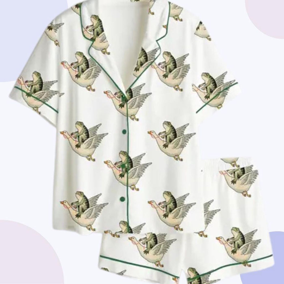 Frog Riding Goose Pajama Set: Whimsical Cottagecore Sleepwear