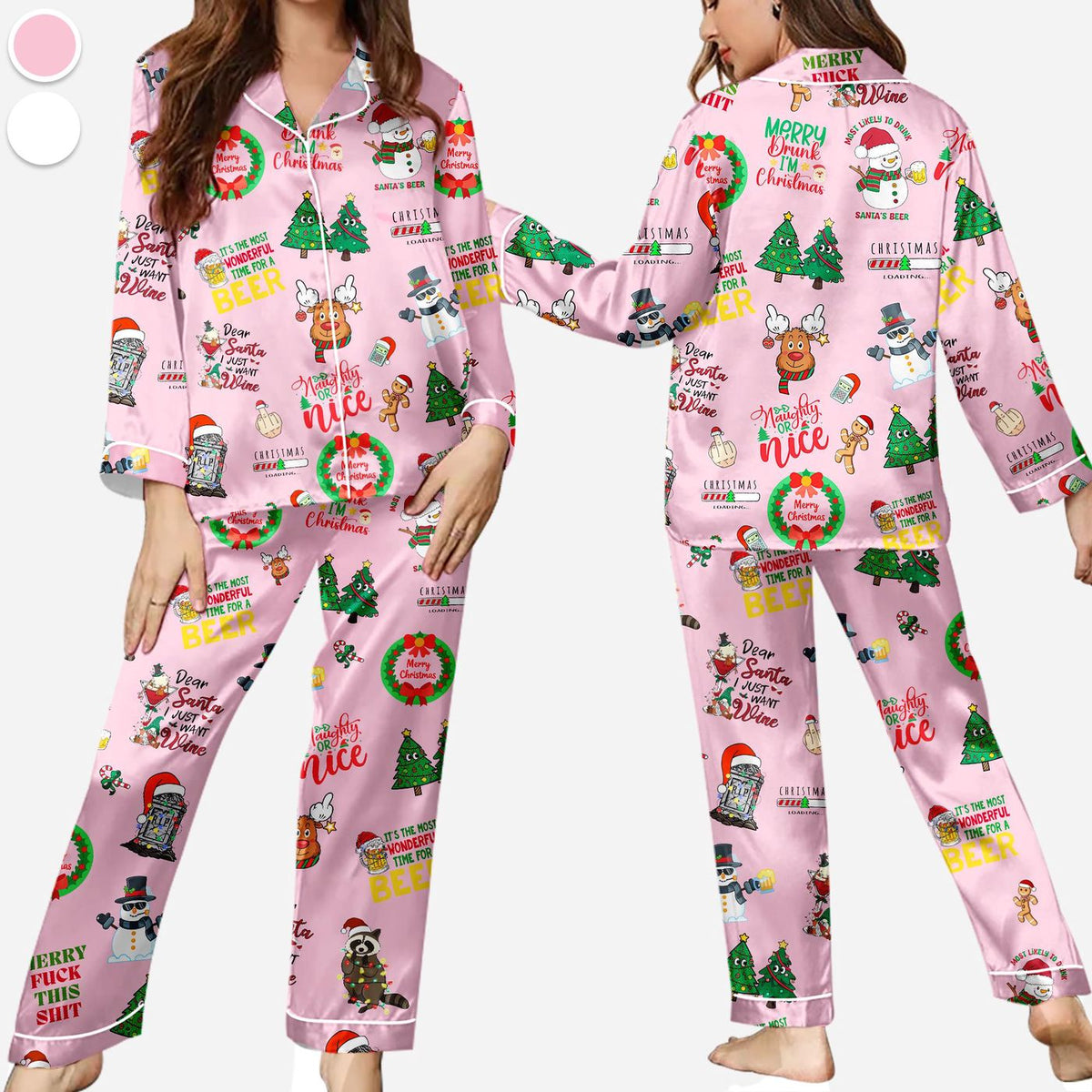 Beer & Wine Print Christmas Pajama Set – Fun Satin Sleepwear