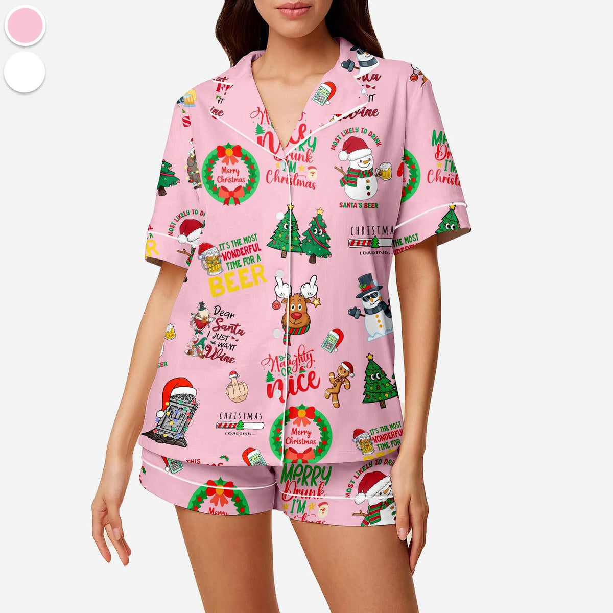 Beer & Wine Print Christmas Pajama Set – Fun Satin Sleepwear