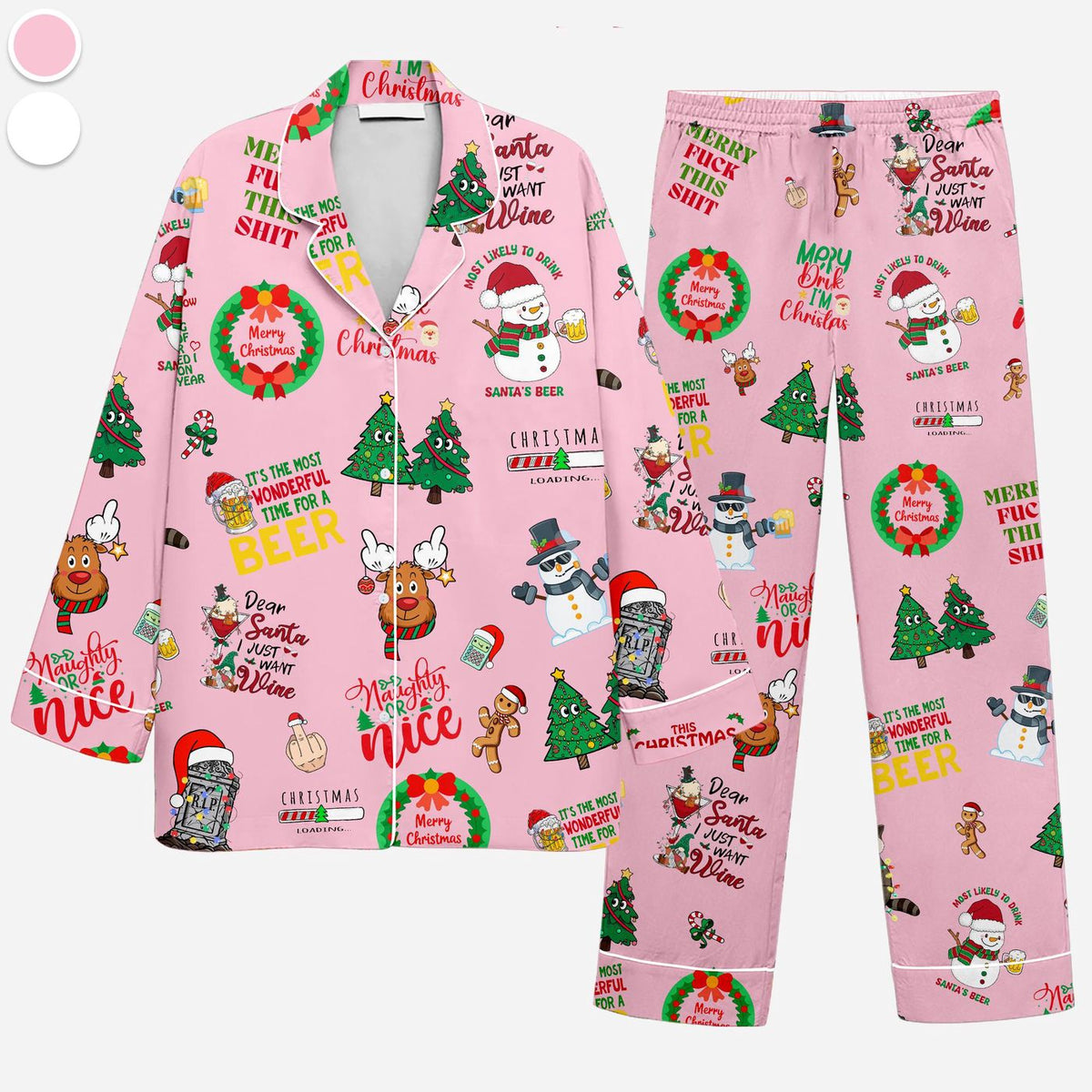 Beer & Wine Print Christmas Pajama Set – Fun Satin Sleepwear