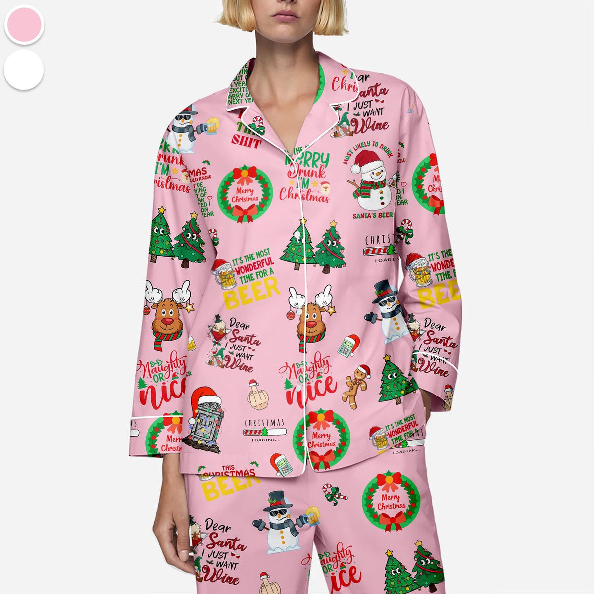 Beer & Wine Print Christmas Pajama Set – Fun Satin Sleepwear