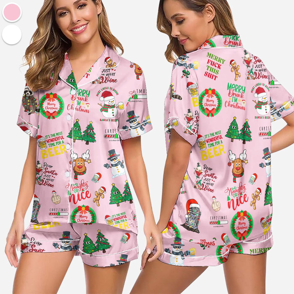 Beer & Wine Print Christmas Pajama Set – Fun Satin Sleepwear