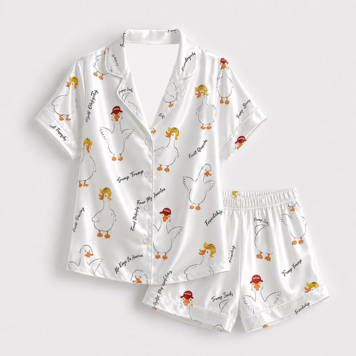 Playful Goose Satin Pajama Set with Quirky Farm Bird Pattern for Cozy Sleepwear