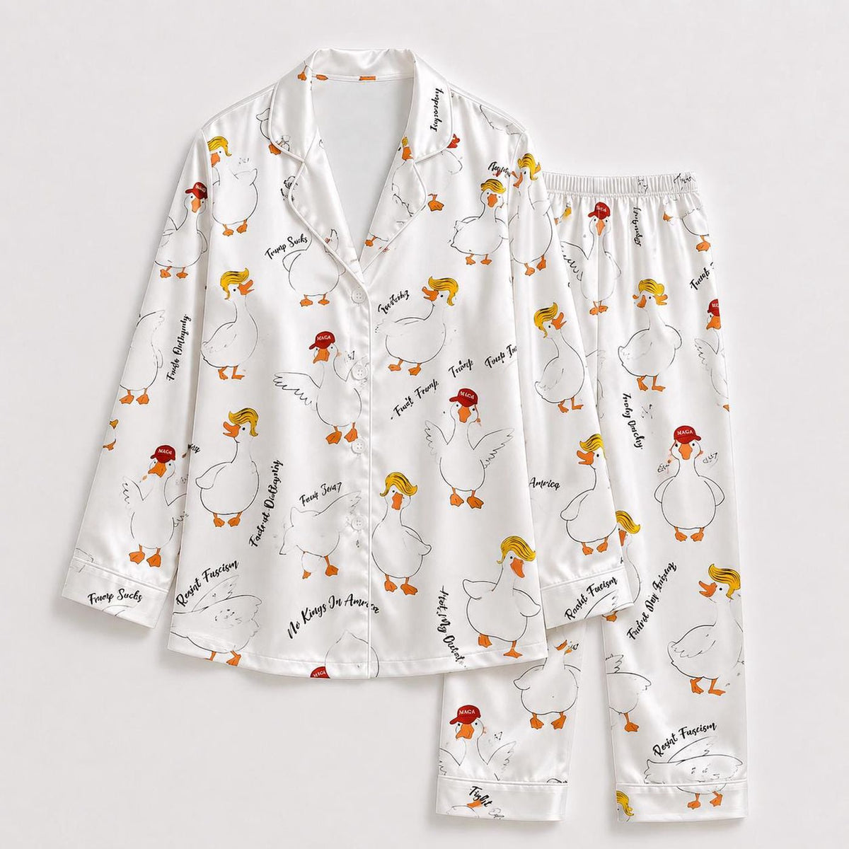 Playful Goose Satin Pajama Set with Quirky Farm Bird Pattern for Cozy Sleepwear