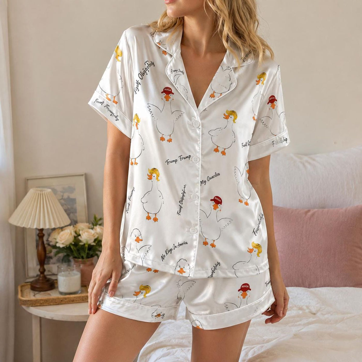Playful Goose Satin Pajama Set with Quirky Farm Bird Pattern for Cozy Sleepwear