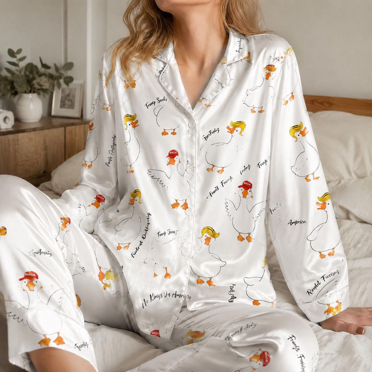 Playful Goose Satin Pajama Set with Quirky Farm Bird Pattern for Cozy Sleepwear