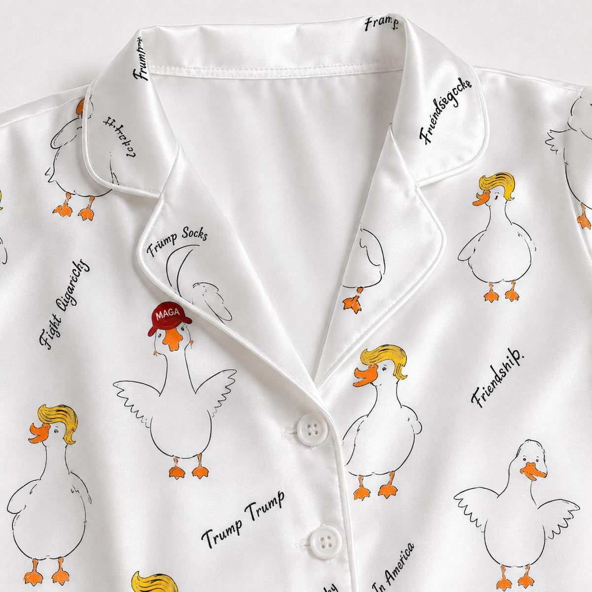 Playful Goose Satin Pajama Set with Quirky Farm Bird Pattern for Cozy Sleepwear