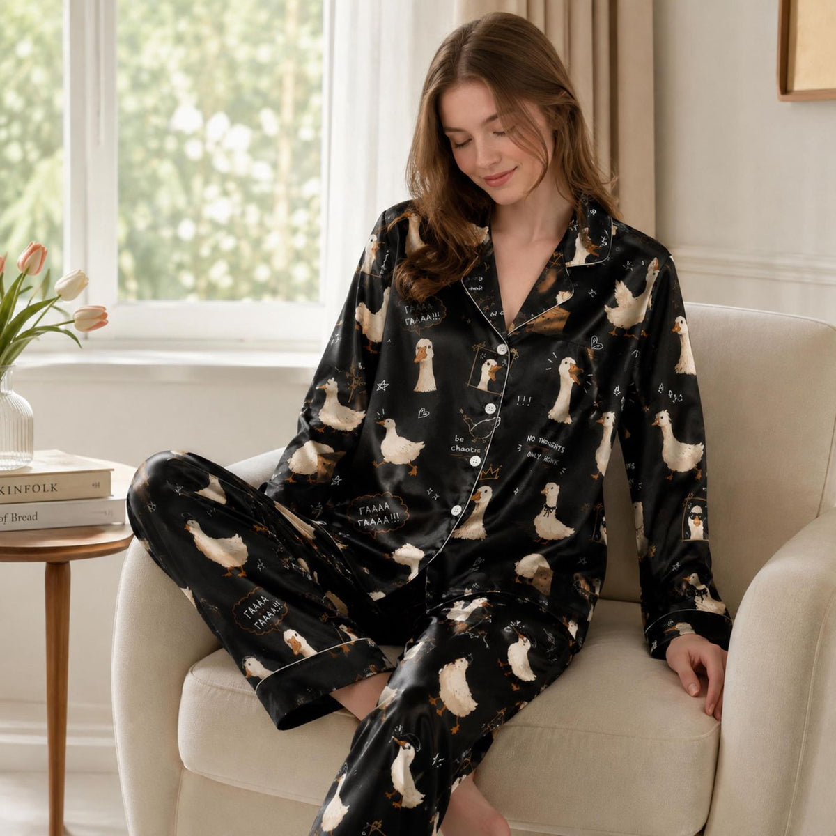 Playful Honking Duck Satin Pajama Set for Cozy Sleepwear: Funny Goose Design