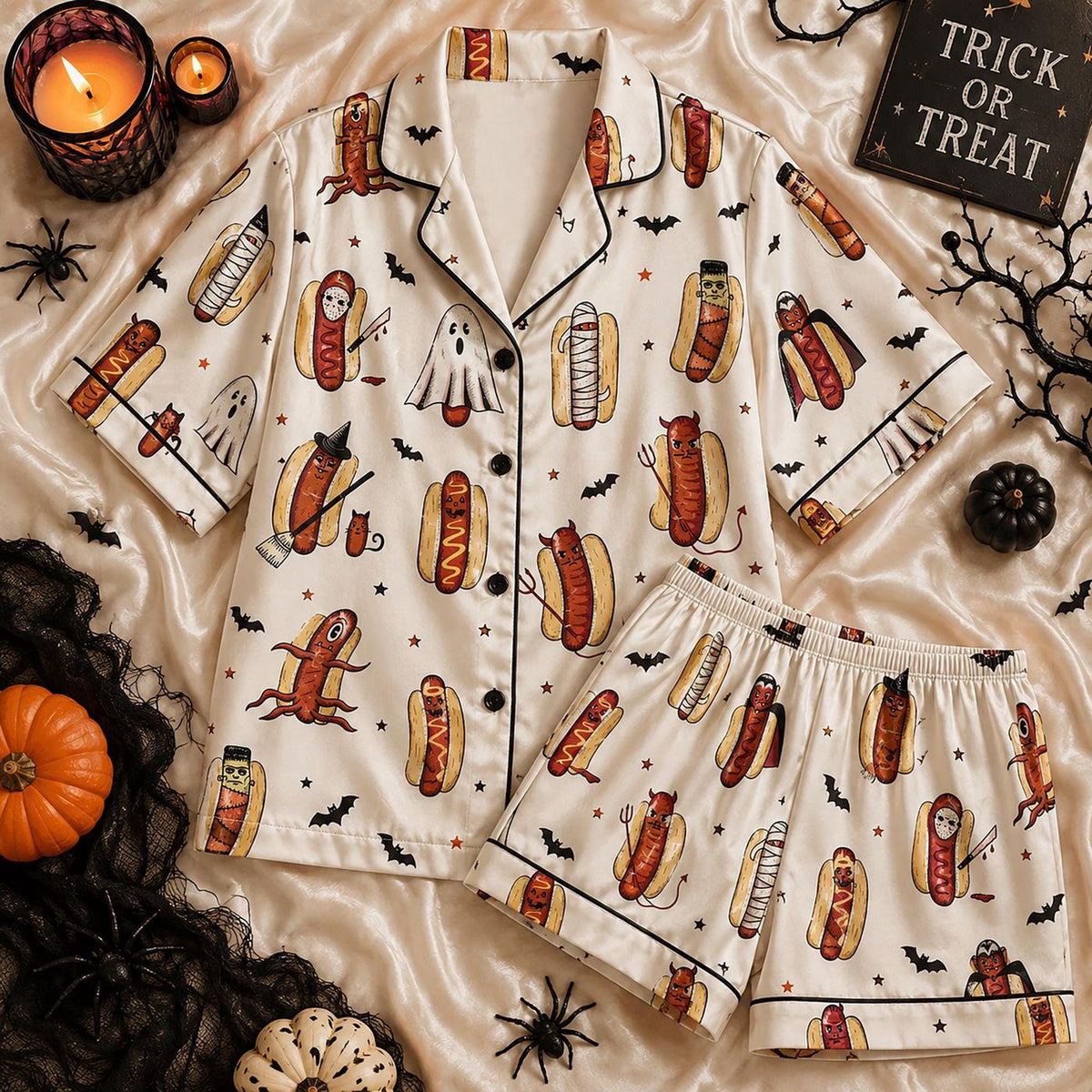 Spooky Hot Dog Monster Halloween Pajamas - Funny Foodie Satin PJ Set for Horror Sleepwear Gift