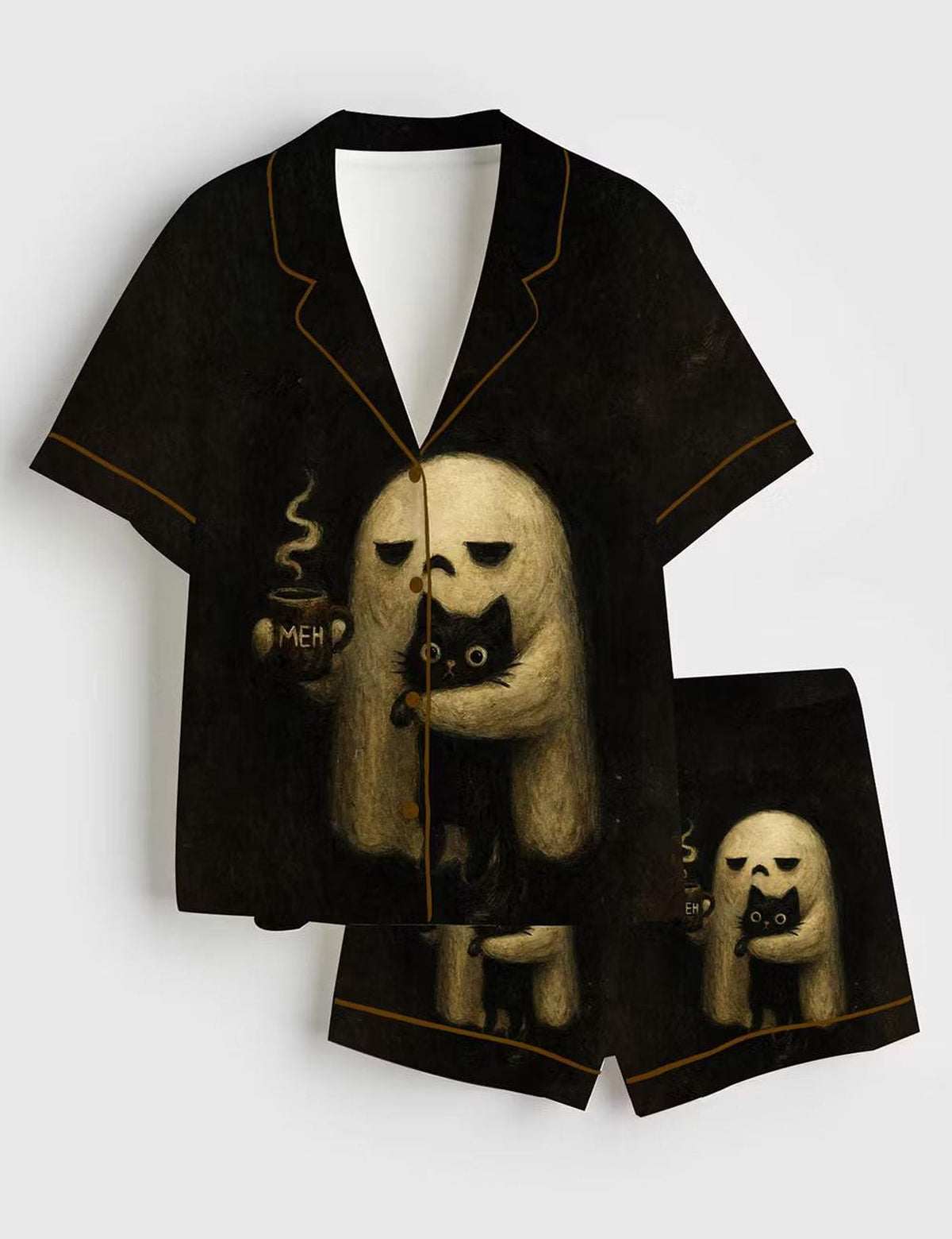 Moody Halloween Sleepwear: Ghost & Black Cat Pajama Set - Spooky Satin Button Down PJs for Her