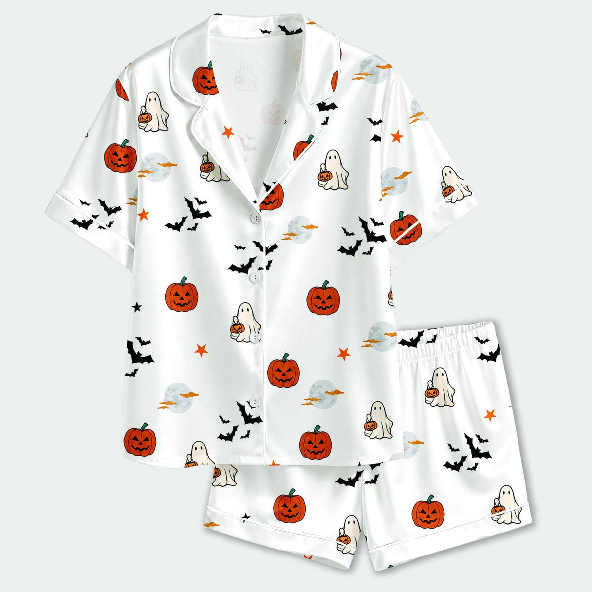 Spooky Ghost and Pumpkin Satin Pajama Set: Cozy Halloween Sleepwear with Bats & Jack O Lanterns