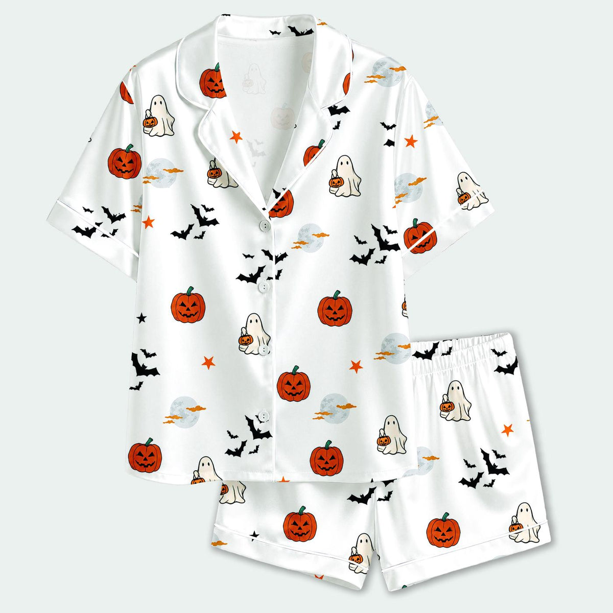 Ghost Pumpkin Satin Pajama Set Halloween Sleepwear with Bats Jack O Lanterns