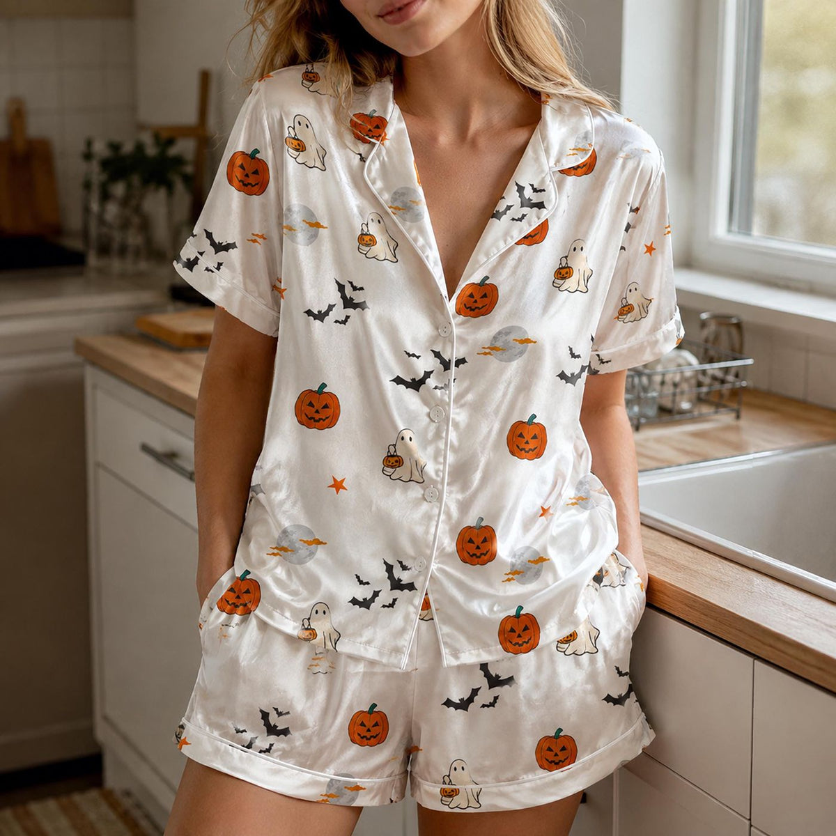 Ghost Pumpkin Satin Pajama Set Halloween Sleepwear with Bats Jack O Lanterns