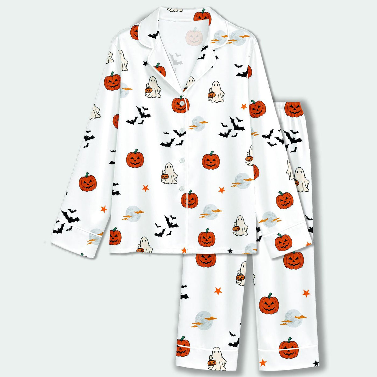 Spooky Ghost and Pumpkin Satin Pajama Set: Cozy Halloween Sleepwear with Bats & Jack O Lanterns