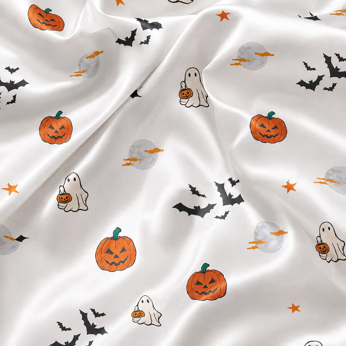 Ghost Pumpkin Satin Pajama Set Halloween Sleepwear with Bats Jack O Lanterns